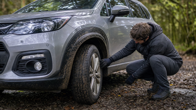 BMW X1 E84 d'occasion gris argent sur une piste forestière, contrôle de l'usure du pneu avant et du passage de roue