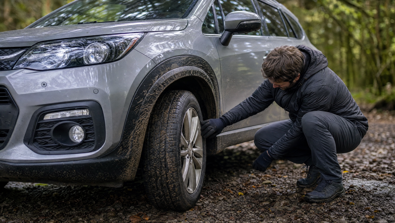 BMW X1 E84 d'occasion gris argent sur une piste forestière, contrôle de l'usure du pneu avant et du passage de roue