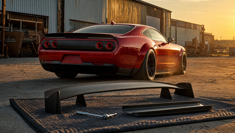 Muscle car Ford Mustang GT rouge de trois quarts arrière au coucher du soleil, aileron et lame avant de tuning posés au premier plan