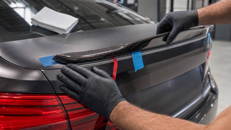 Fixer un becquet de voiture : mains gantées pressant un becquet de lèvre en carbone sur le coffre, bande adhésive double face et repères de scotch de masquage