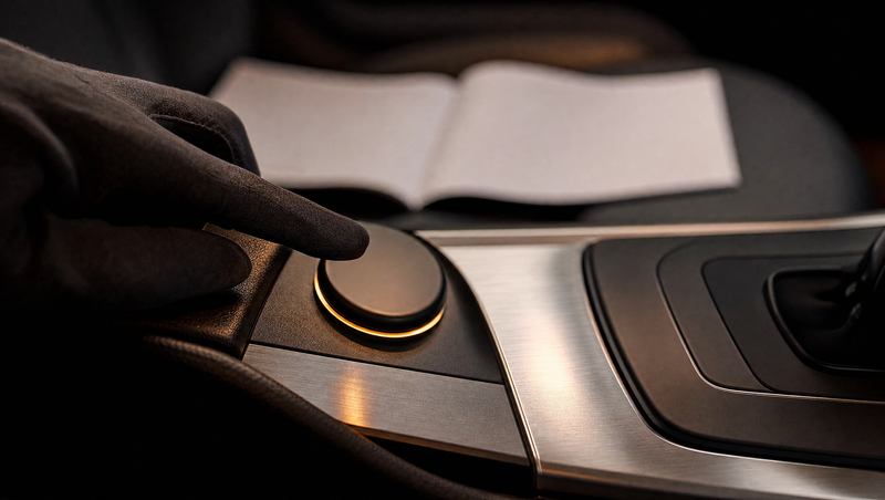 Doigt ganté au-dessus du bouton de désactivation du Start/Stop sur la console centrale d'une voiture allemande