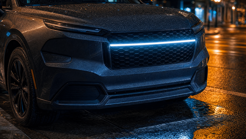 Calandre LED allumée sur la face avant d'un SUV la nuit, bandeau lumineux blanc intégré à la grille nid d'abeille