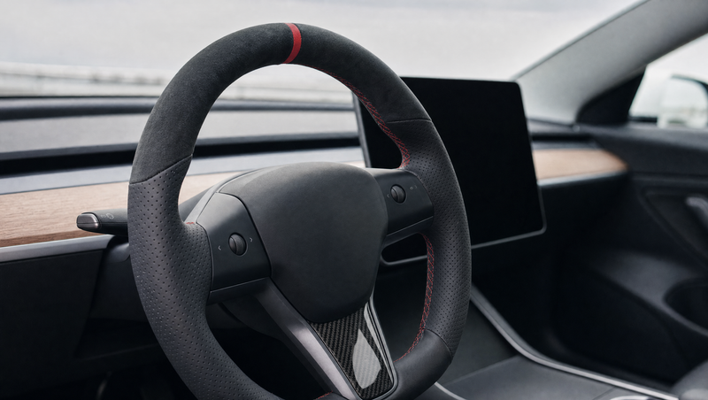 Couvre-volant Tesla Model 3 et Model Y en Alcantara, cuir perforé et insert carbone dans un habitacle électrique épuré