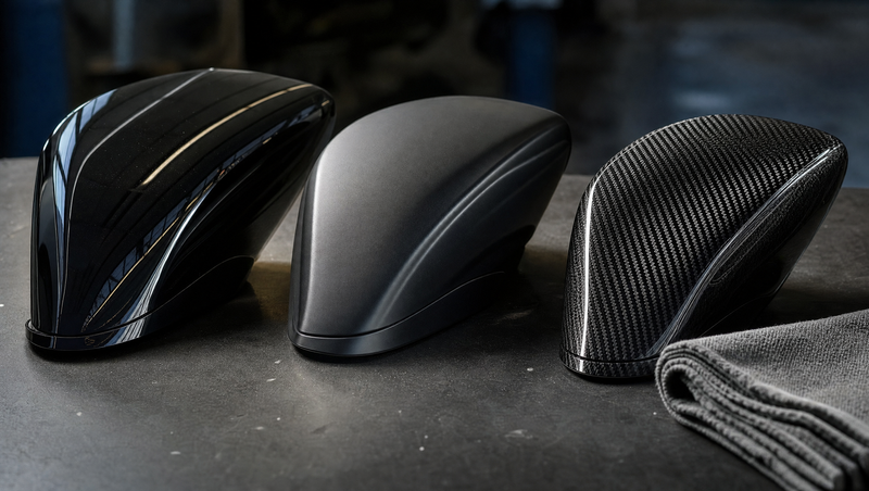 Trois coques de rétroviseur en finition noir brillant, noir mat et fibre de carbone comparées côte à côte sous une lumière rasante