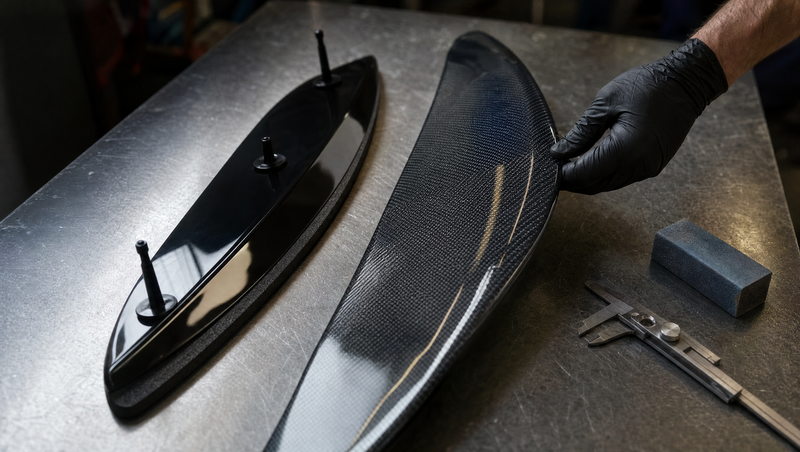 Deux becquets de coffre posés sur un établi, l'un peint d'origine façon AMG et l'autre en carbone aftermarket, comparaison des finitions et des fixations