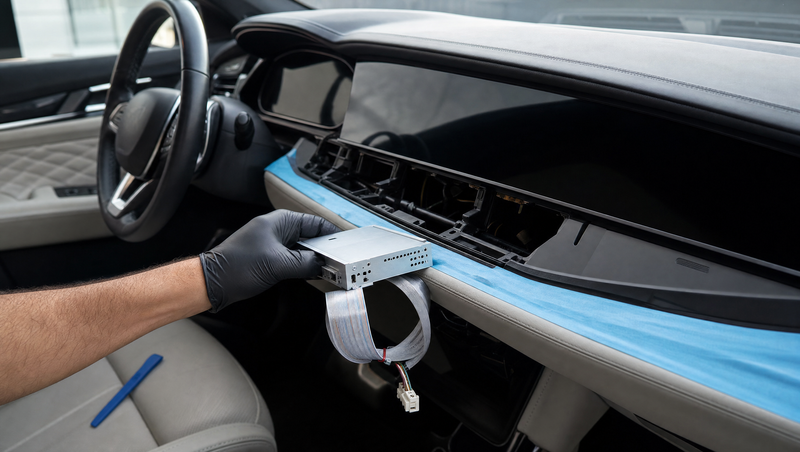 Installation CarPlay et Android Auto sur BMW X6 F16 : boîtier d'interface multimédia et nappe raccordés derrière l'écran NBT éteint du tableau de bord