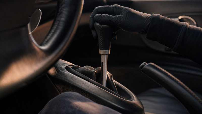 Levier de boîte de vitesses SMG BMW en cuir dans sa grille séquentielle, palette au volant visible en arrière-plan