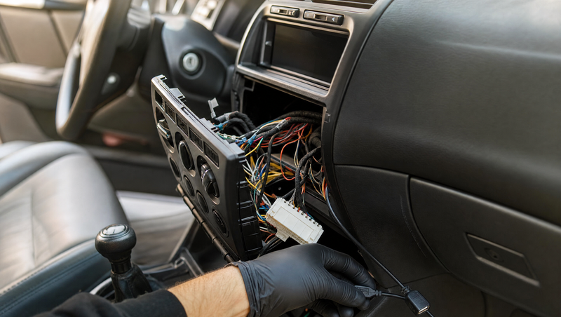 Installation CarPlay sur BMW Série 3 E46 : façade centrale déposée, faisceau de câbles apparent et rallonge USB tirée vers la boîte à gants