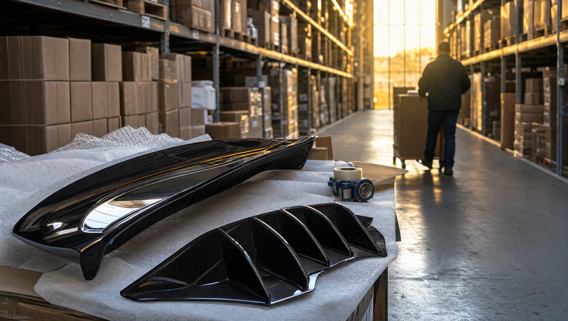 Entrepôt de pièces tuning avec becquet noir brillant et diffuseur carbone prêts à l'expédition pour un revendeur partenaire
