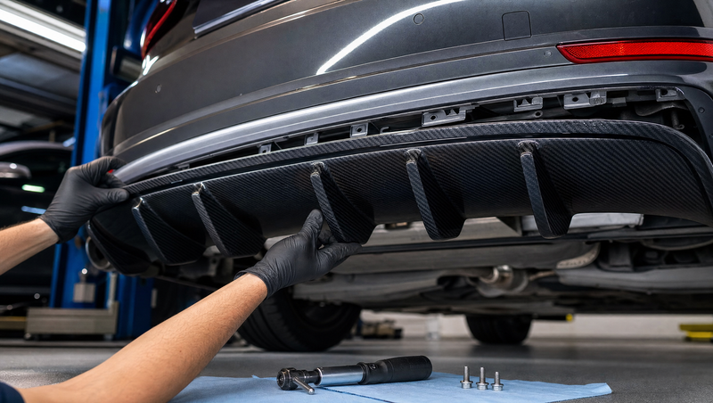 Pose d'un diffuseur arrière en carbone style AMG et M Performance sous le pare-chocs d'une berline sur pont élévateur