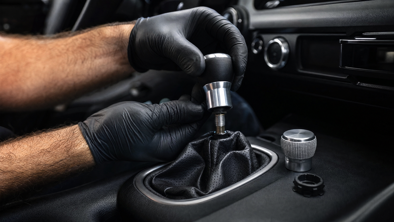 Changer un pommeau de vitesse soi-même : mains gantées dévissant un pommeau en aluminium et cuir, soufflet rabattu et bague d'adaptation posée sur la console