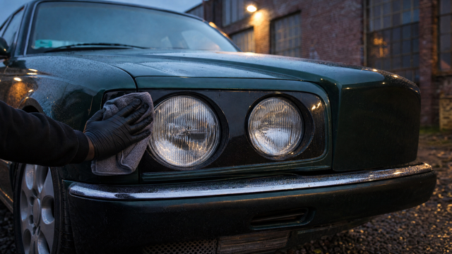 BMW Série 7 E38 d'occasion vert foncé de trois quarts avant, nettoyage de la buée sur un optique à quatre projecteurs ronds