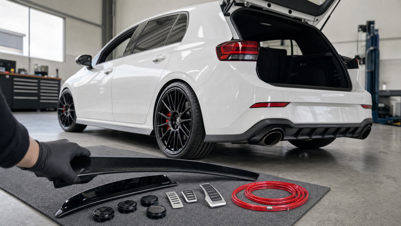 Volkswagen Golf 8 GTI blanche dans un atelier de tuning, accessoires alignés au sol : becquet de toit, lame de bas de caisse carbone et pédalier alu