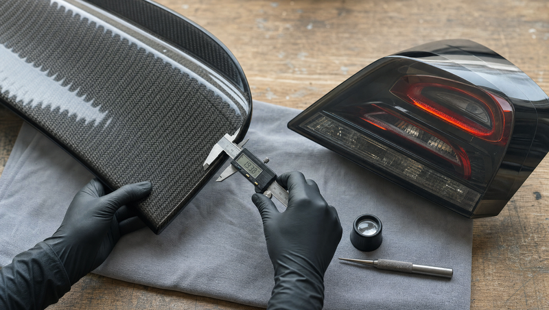 Contrôle d'homologation d'un accessoire tuning : becquet carbone et feu LED mesurés au pied à coulisse sur un établi, mains gantées