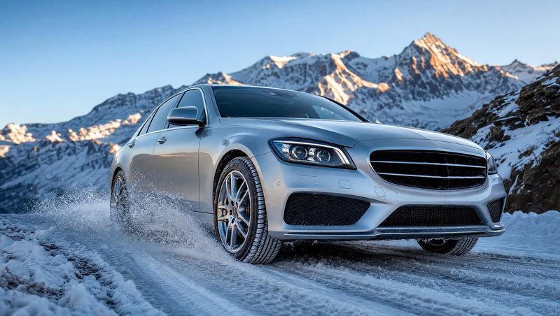 Berline Mercedes 4Matic à transmission intégrale gravissant une route de montagne enneigée à l'aube, projection de neige sous les quatre roues