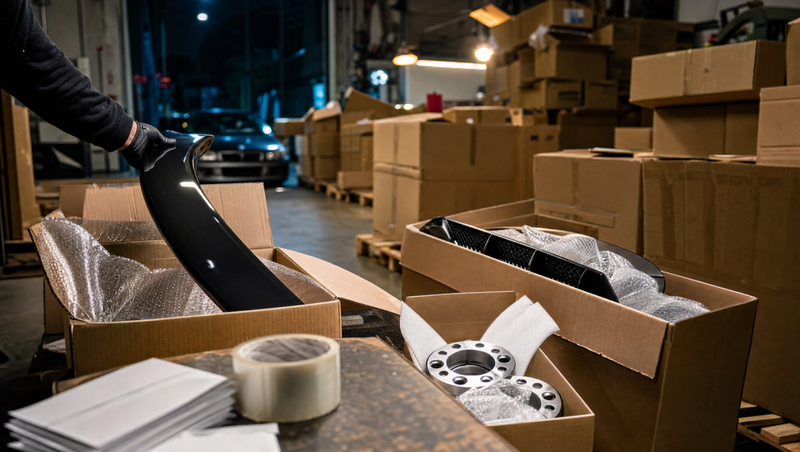 Atelier de pièces tuning la nuit, cartons ouverts sur palettes avec becquets et diffuseur carbone prêts à expédier pendant le Black Friday tuning auto