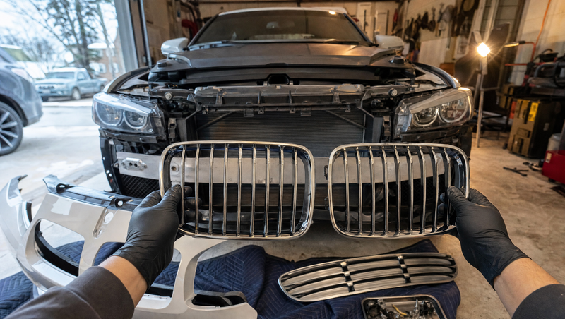 Berline compacte blanche pare-chocs démonté au garage, mains gantées présentant une calandre verticale type Panamericana pour transformer une BMW F30 en look M3