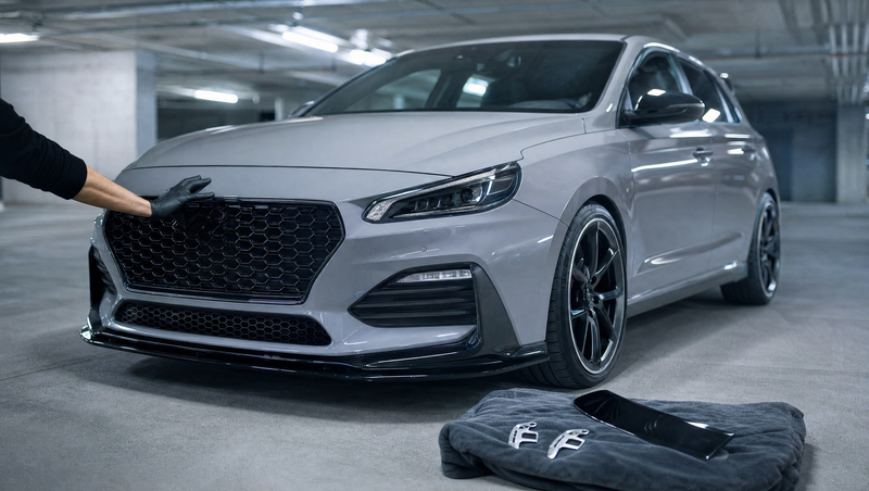 Audi A3 8V grise en kit tuning look RS3 : calandre nid d'abeille noire et lame avant montées, becquet de coffre et palettes alu prêts à poser