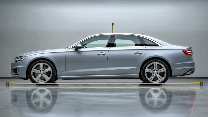 Mesure des dimensions d'une berline Audi A4 en studio, mètre ruban déroulé sur toute la longueur de la carrosserie