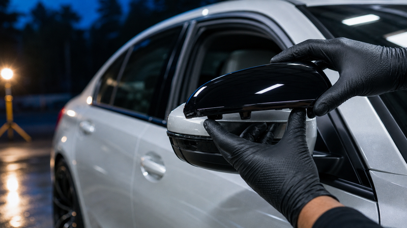 Coque de rétroviseur noir brillant clipsée sur le boîtier, sur une berline sportive — Coque de rétroviseur voiture