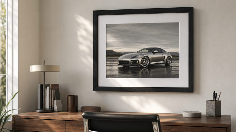 Affiche voiture encadrée d'un coupé sportif argent au-dessus d'un bureau — affiche voiture