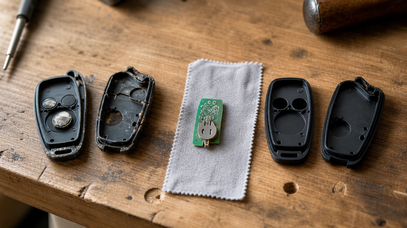 Coque de clé voiture fissurée ouverte à côté d'une coque neuve et de sa carte électronique — coque de clé voiture