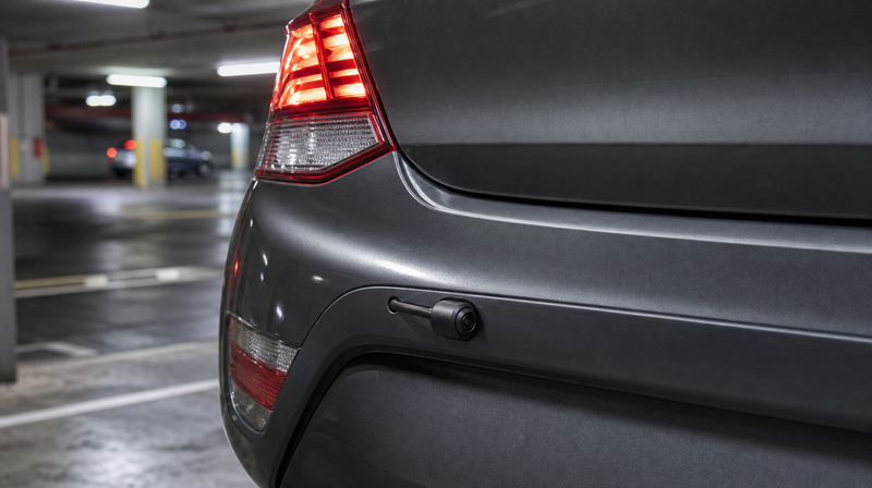 Caméra de recul voiture montée sur le pare-chocs arrière d'une compacte — caméra de recul voiture