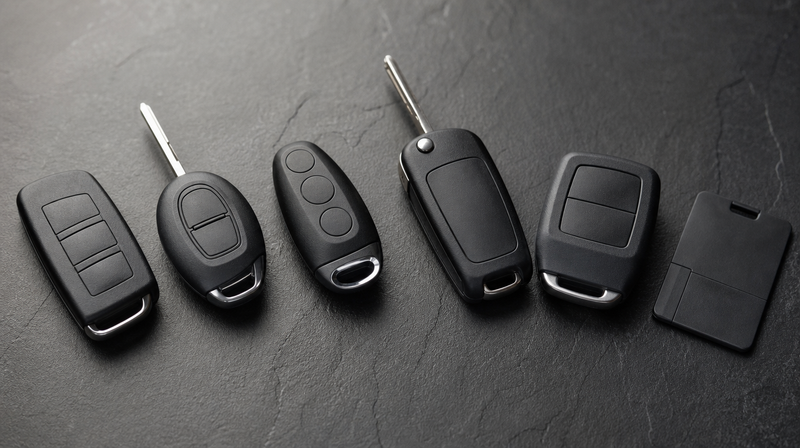 Six coques de clé de voiture de formes différentes alignées — coque de clé BMW, Audi, Mercedes, Volkswagen