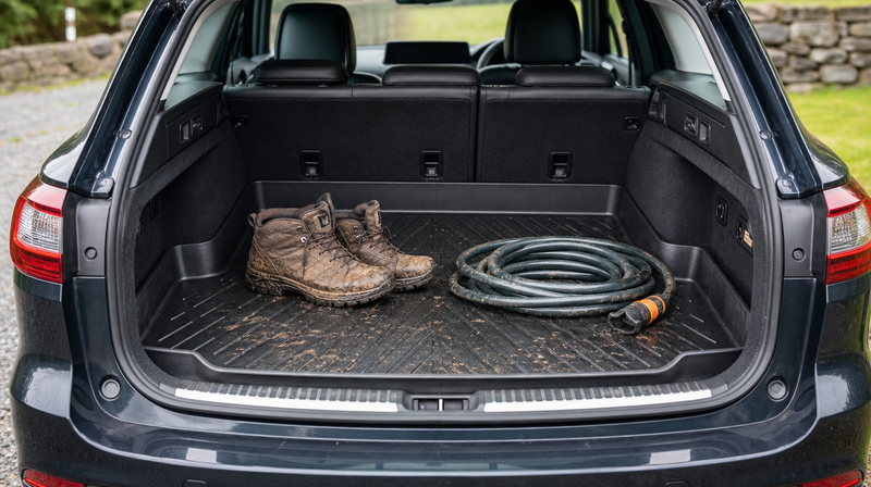 Tapis de coffre voiture en caoutchouc à rebords hauts dans le coffre d'un break — tapis de coffre pour voiture