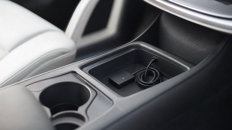 Boîtier CarPlay sans fil branché sur le port USB d'une console centrale — boîtier CarPlay sans fil