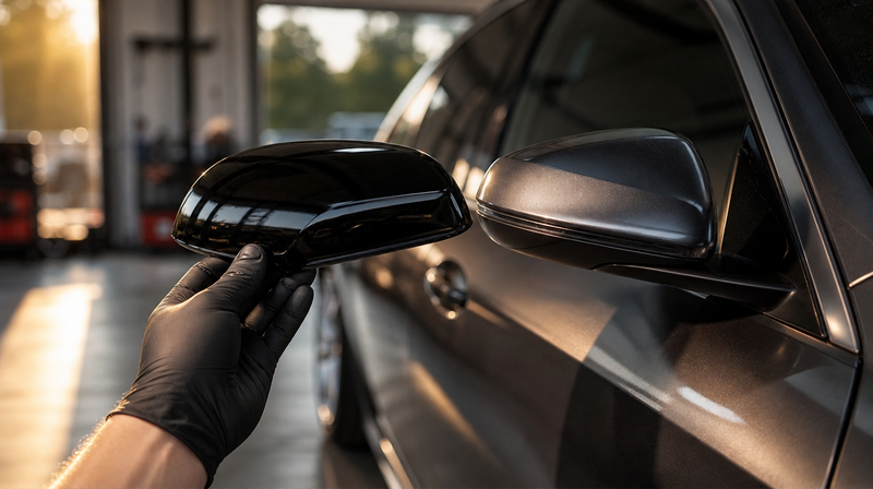 Coque de rétroviseur noir brillant comparée au rétroviseur d'origine, sur une berline sportive — M Performance vs AMG vs RS
