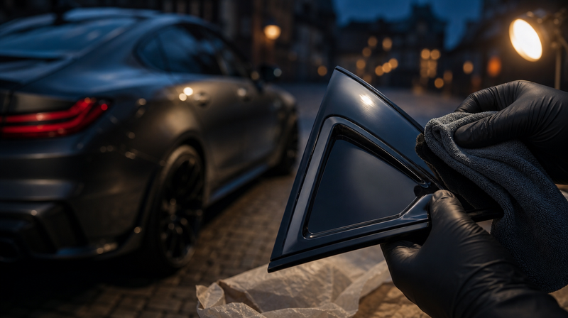 Pièce de tuning noir brillant essuyée à la microfibre, sur une berline sportive — Top 10 accessoires tuning BMW Série 3 F30