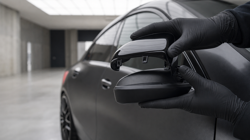 Coque de rétroviseur noir brillant clipsée sur le boîtier, sur une berline sportive — Installer des coques de rétroviseurs noir brillant