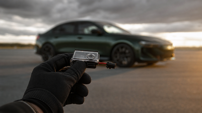 Projecteur de porte LED tenu entre deux doigts gantés, sur une berline sportive — Projecteur porte logo voiture