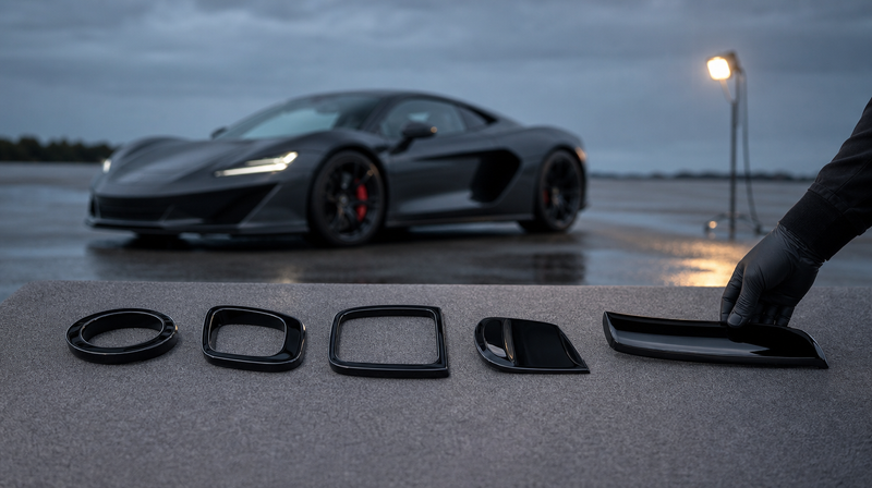 Cinq pièces de tuning noir brillant alignées sur un feutre gris, sur une voiture de sport — Porsche 911 aftermarket