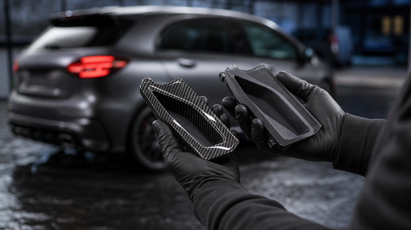 Pièce en carbone et son équivalent plastique pesés à la main, sur une compacte sportive — Tuning Mercedes Classe A W176