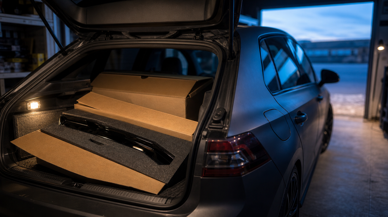 Colis ouvert dans un coffre laissant voir une pièce noir brillant sur sa mousse, sur une compacte sportive — VW Golf 7 GTI