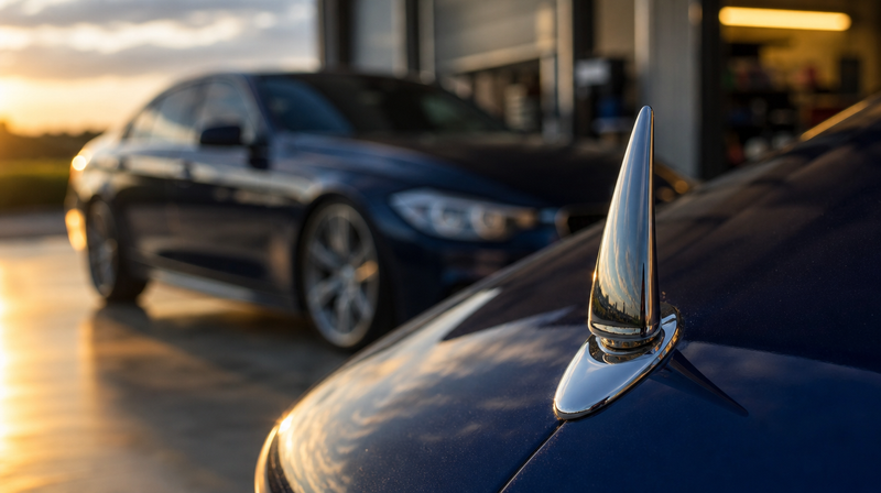 Ornement chromé lisse sur le nez de la voiture au crépuscule, sur une berline sportive — Étoile Mercedes lumineuse LED