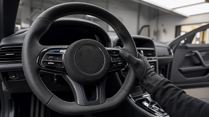 Volant sport en cuir perforé et alcantara, main gantée sur la jante, sur une berline sportive — Volant Performance vs volant d'origine