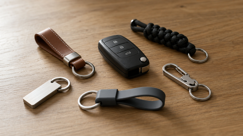 Cinq porte-clés voiture en cuir, métal, silicone et paracorde autour d'une clé — porte-clés voiture