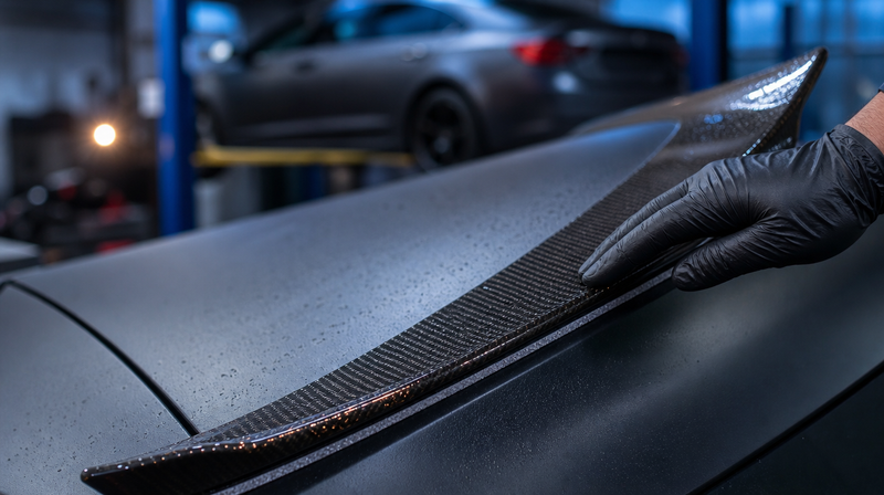 Becquet de coffre noir brillant posé à la main sur le hayon, sur une berline sportive — Garantie 1 an aftermarket Becquet Voiture