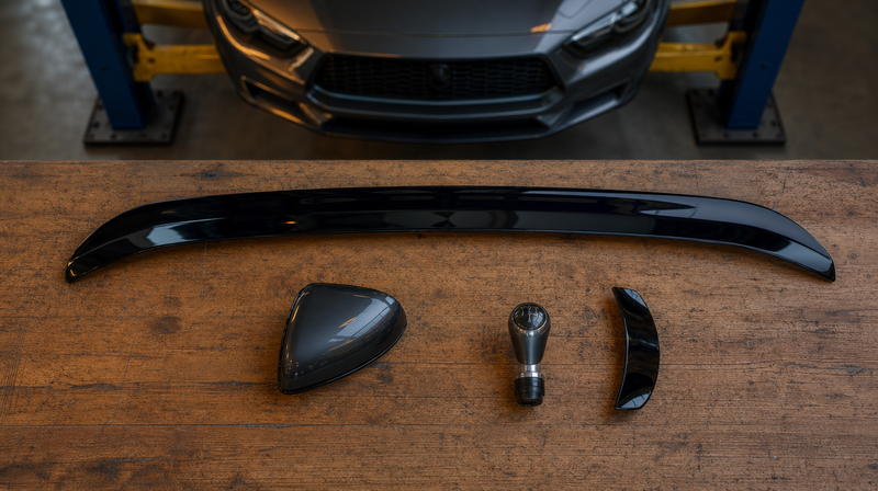 Pièces de tuning noir brillant disposées sur un établi, sur une berline sportive — Top 20 voitures les plus tunées en France en 2026