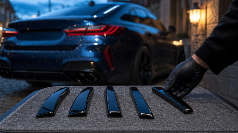 Pièces de tuning noir brillant disposées sur un établi, sur une berline sportive — Top 15 idées cadeaux pour passionné de voitures BMW/Audi