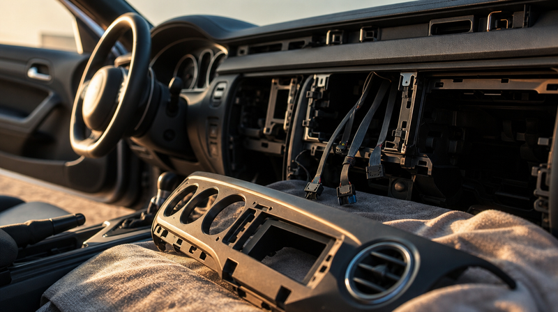 Enjoliveur de console démonté à la spatule, faisceau apparent, sur un coupé premium — CarPlay & Android Auto sur BMW Série 6 F12/F13