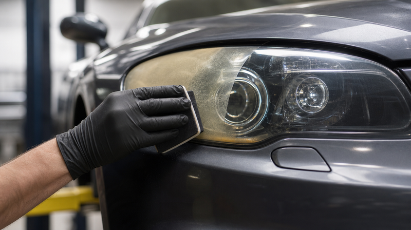 Optique de phare jauni rénovée à moitié au tampon mousse, sur une berline sportive — Boîte de vitesses automatique Mercedes 7G-Tronic