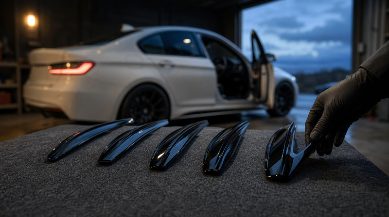Pièces de tuning noir brillant disposées sur un établi, sur une berline sportive — Quel Mercedes ML est le plus fiable ? Notre guide comparatif