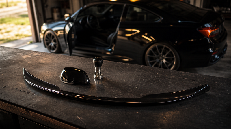 Pièces de tuning noir brillant disposées sur un établi, sur un coupé premium — BMW M2 Compétition