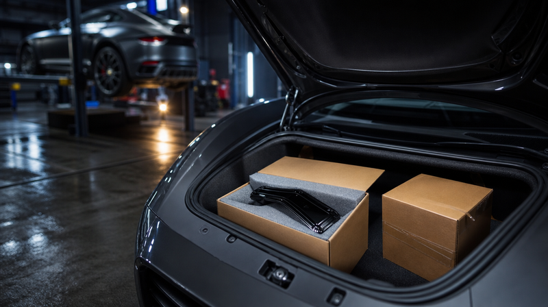 Pièces de tuning noir brillant disposées sur un établi, sur une voiture de sport — Audi R8 V10