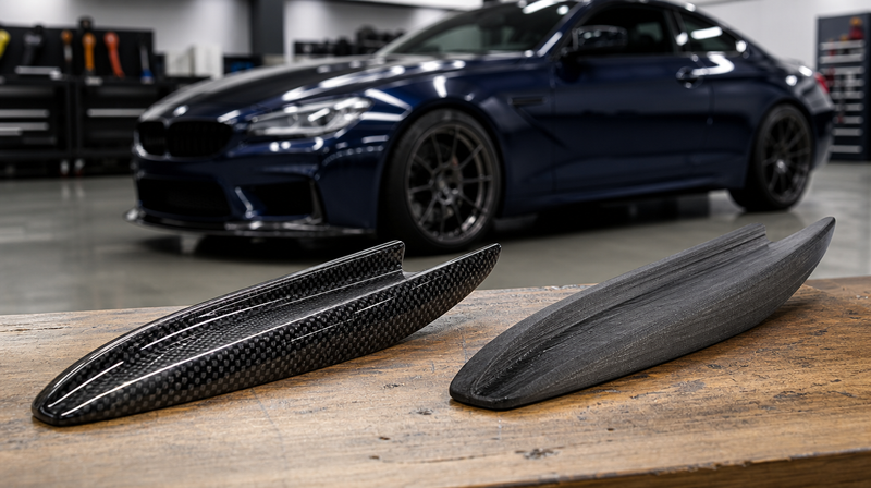 Macro du tissage carbone 3K sous vernis brillant, sur un coupé premium — BMW M3 / M4 Competition