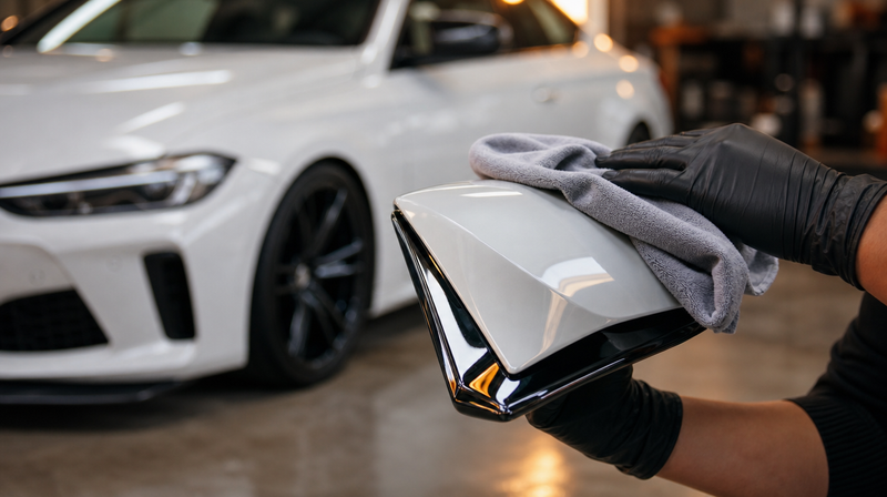 Pièces de tuning noir brillant disposées sur un établi, sur un coupé premium — Audi TT RS MK3